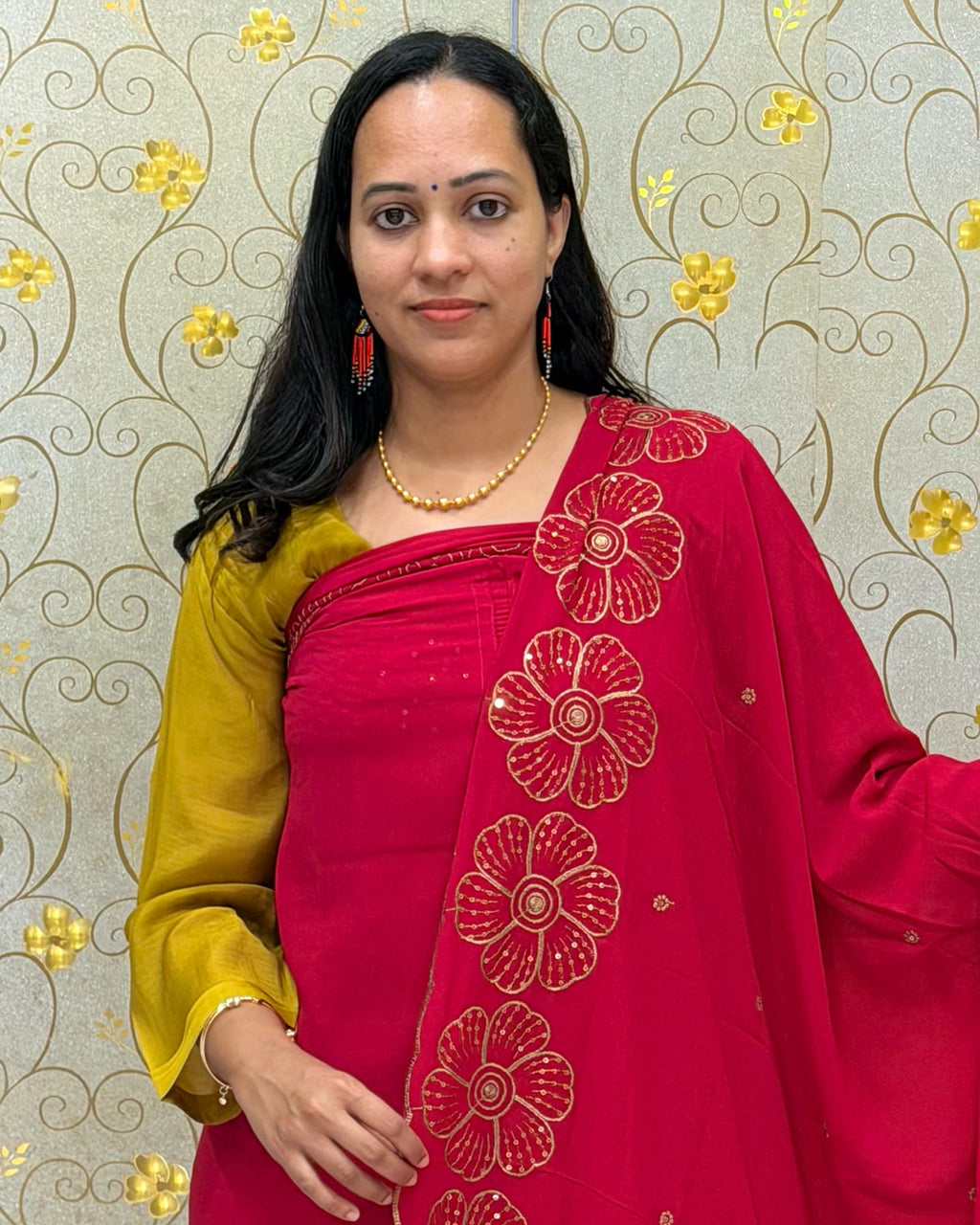 Rani Pink Georgette Salwar Material with Designer Dupatta DD1200 by Dritha Designs showing floral border and designer dupatta details