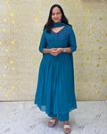 Full length view of Teal Blue Georgette pleated Anarkali salwar suit set with matching pants and dupatta from Dritha Designs boutique Kerala DD1205