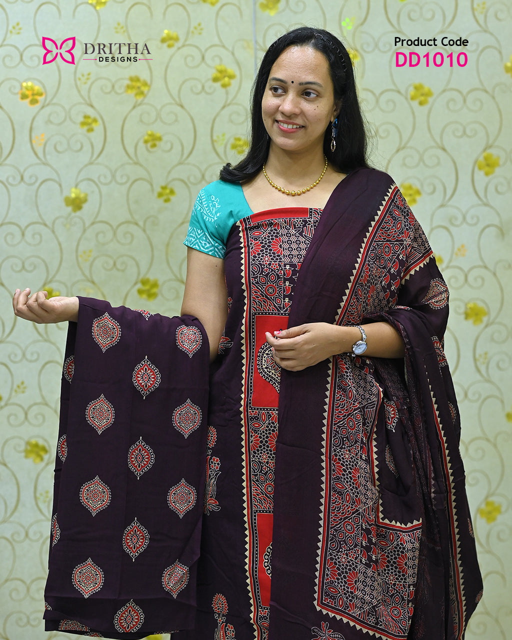 Burgundy Rayon Unstitched Salwar Suit Material - DD1010 Mid Shot | Dritha
Designs
