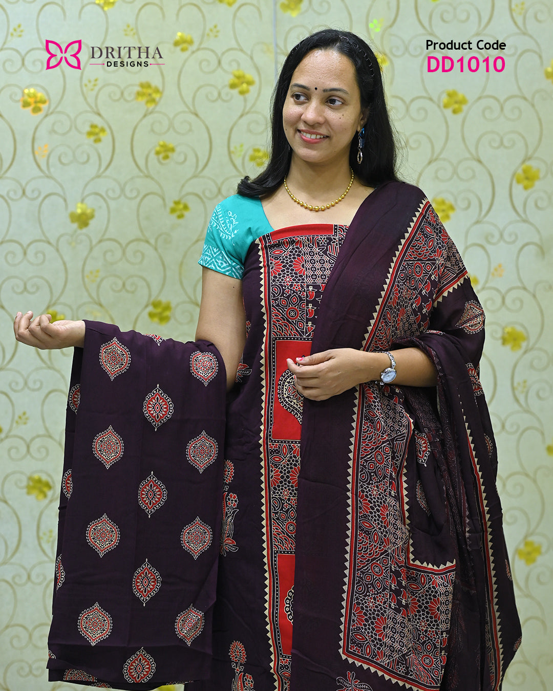 Burgundy Rayon Unstitched Salwar Suit Material - DD1010 Mid Shot | Dritha
Designs