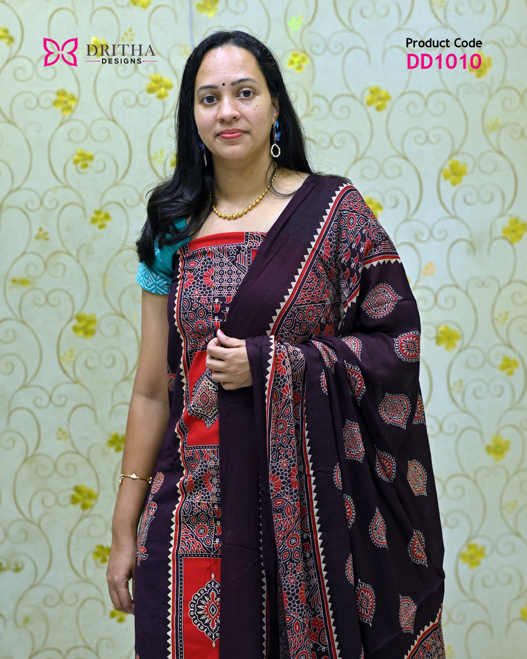 Burgundy Rayon Unstitched Salwar Suit Material - DD1010 Mid Shot | Dritha Designs