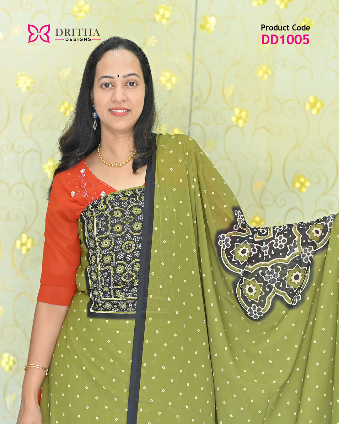 Green Chiffon Printed Unstitched Salwar Suit Material – Printed Fabric Detail | DD1005 | Dritha Designs