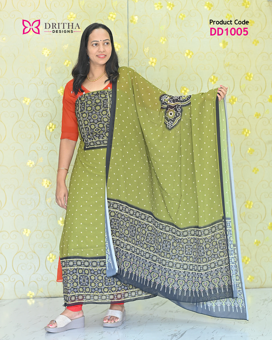 Green Chiffon Printed Unstitched Salwar Suit Material – Full View | DD1005 | Dritha Designs