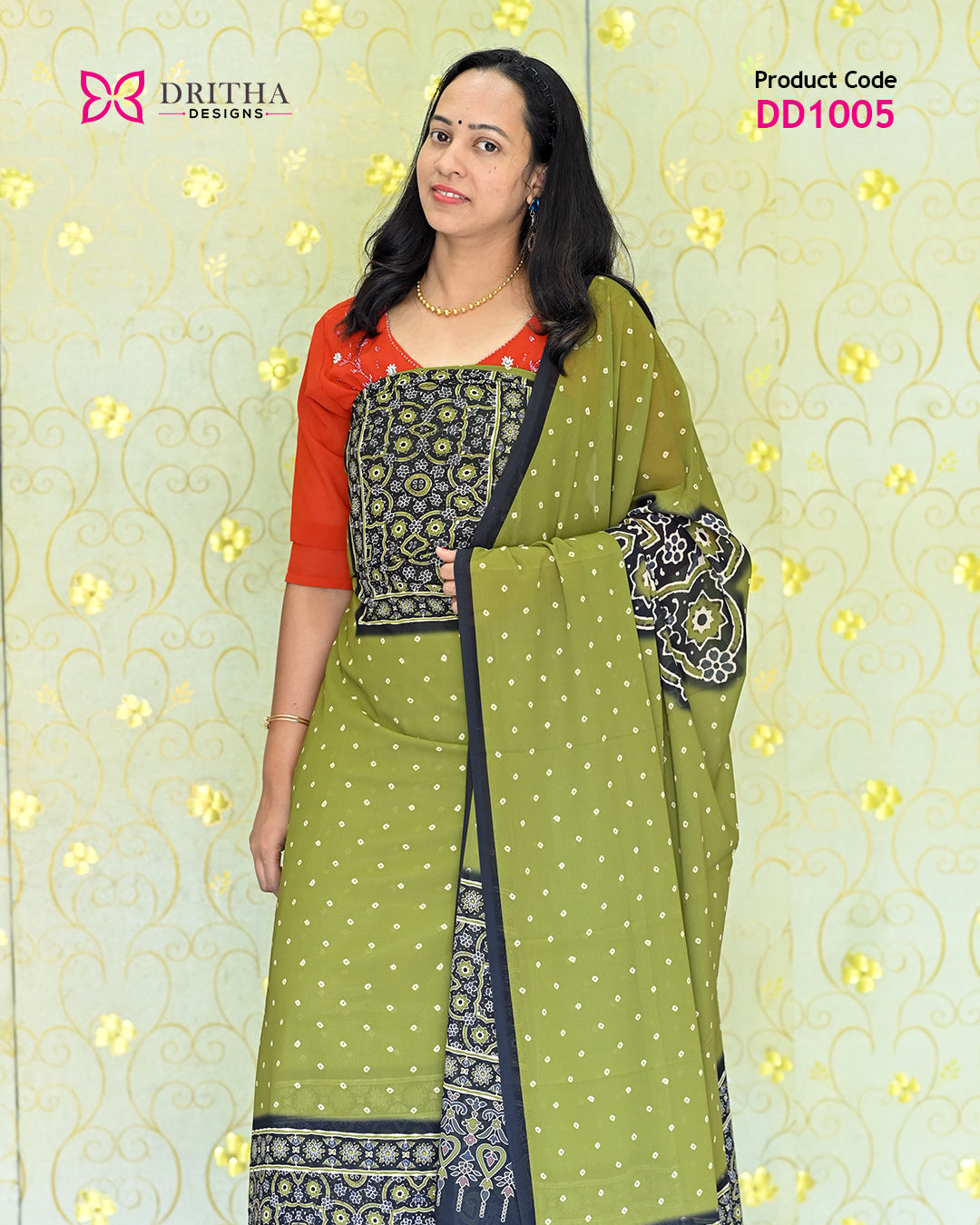 Green Chiffon Printed Unstitched Salwar Suit Material – Mid View | DD1005 | Dritha Designs