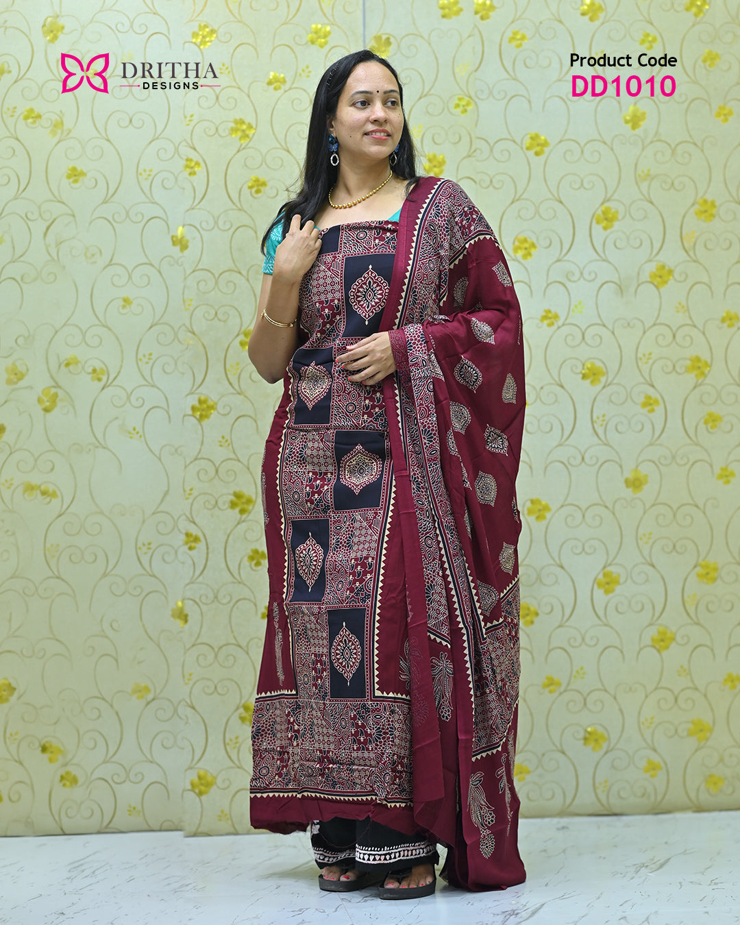 Maroon Rayon Unstitched Salwar Suit Material - DD1010 Full Shot 2 | Dritha Designs