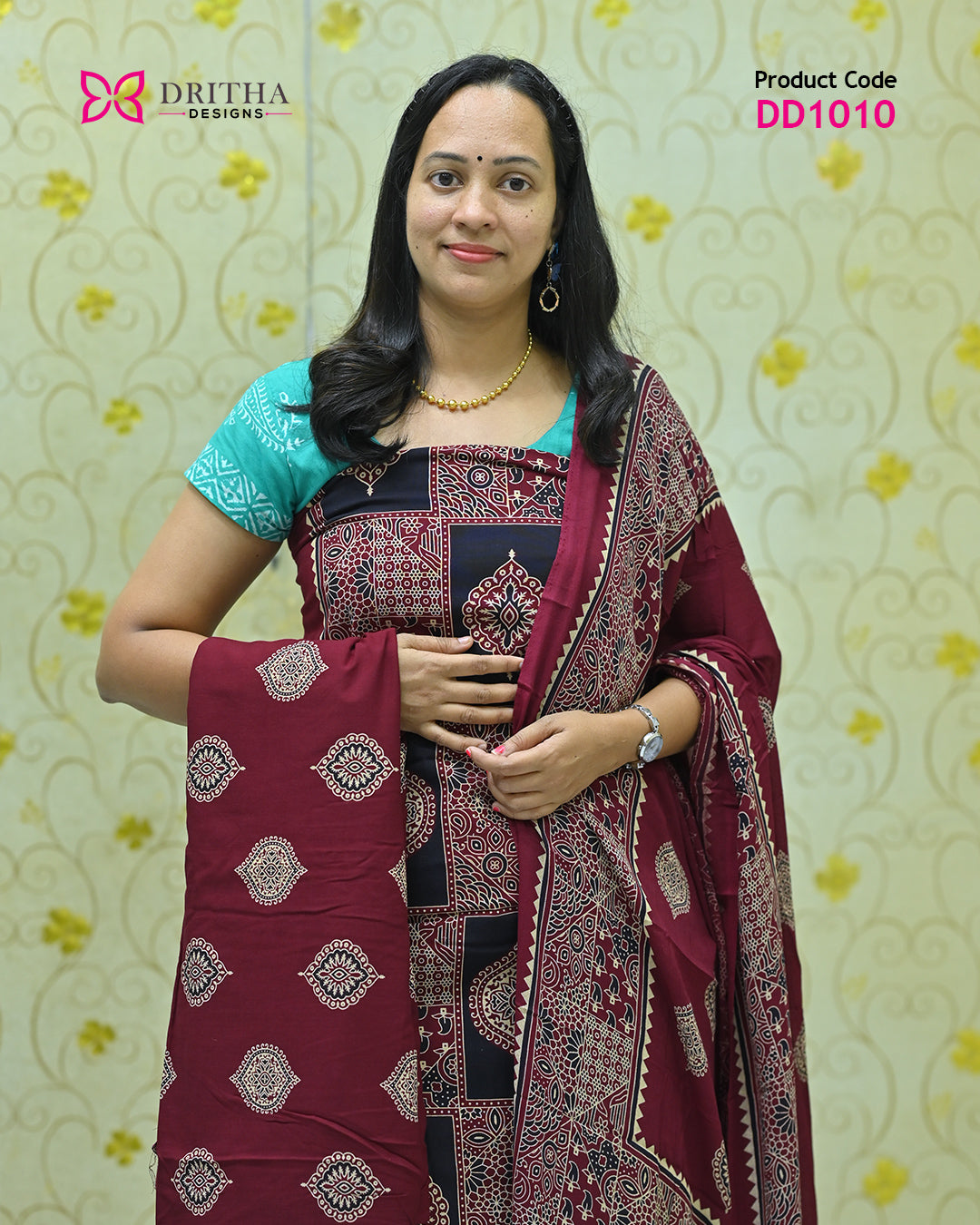 Maroon Rayon Unstitched Salwar Suit Material - DD1010 Mid Shot | Dritha Designs