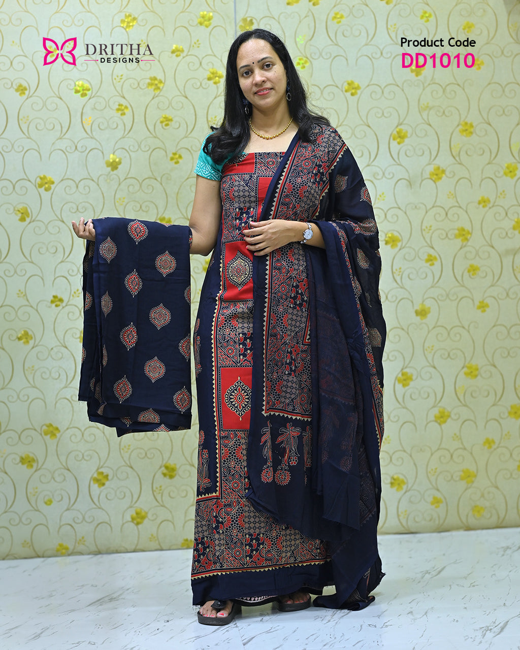 Navy Blue Rayon Unstitched Salwar Suit Material - DD1010 Full Shot 2 | Dritha Designs