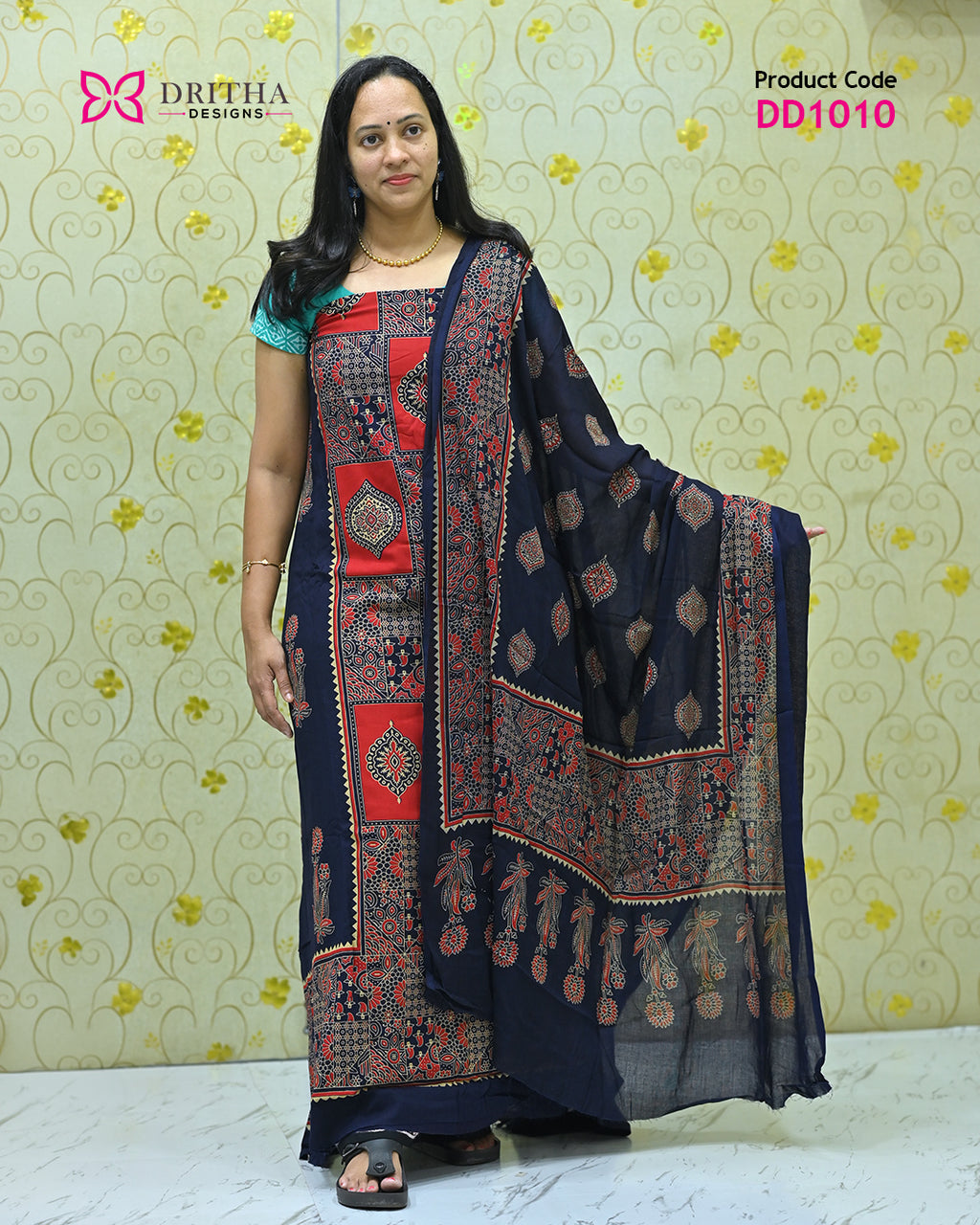 Navy Blue Rayon Unstitched Salwar Suit Material - DD1010 Full Shot | Dritha Designs