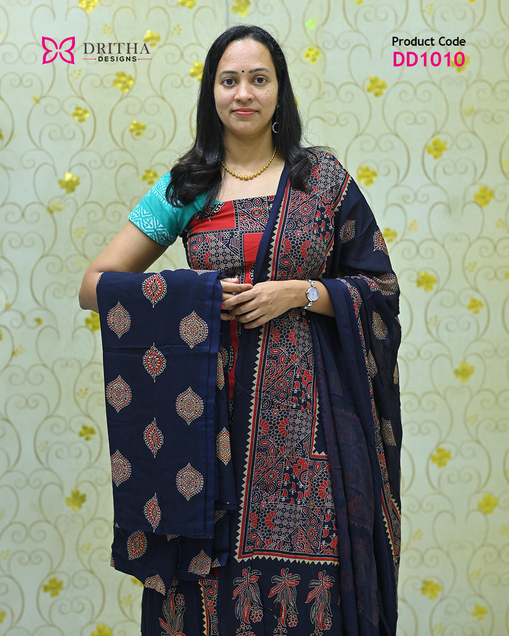 Navy Blue Rayon Unstitched Salwar Suit Material - DD1010 Mid Shot | Dritha Designs