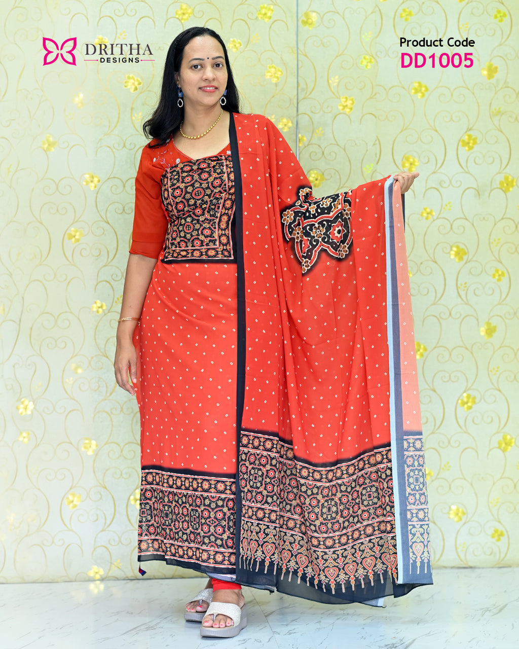 Orange Chiffon Printed Unstitched Salwar Suit Material – Full View | DD1005 | Dritha Designs