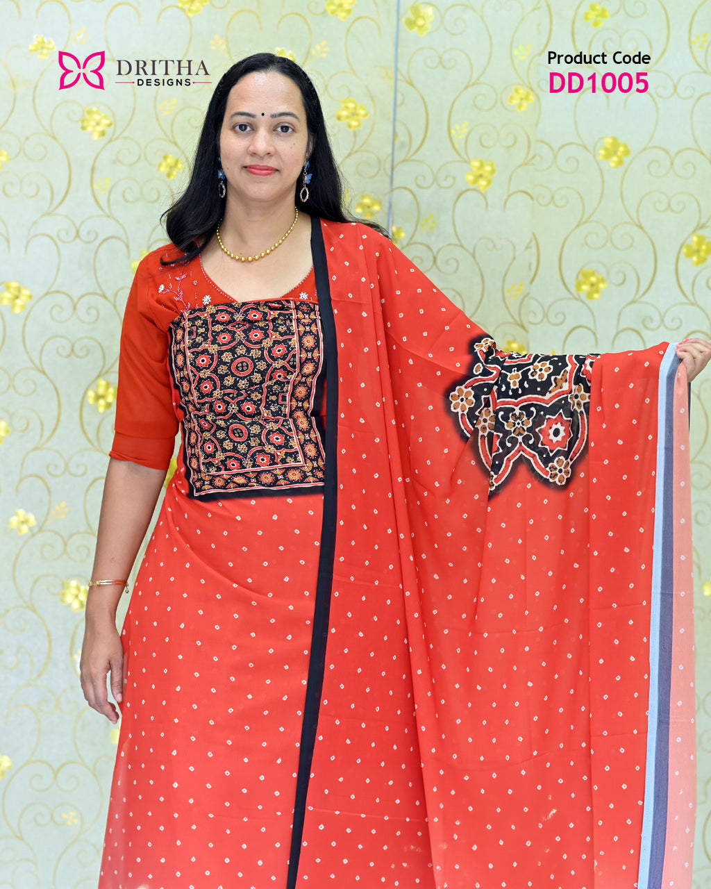 Orange Chiffon Printed Unstitched Salwar Suit Material – Mid View | DD1005 | Dritha Designs