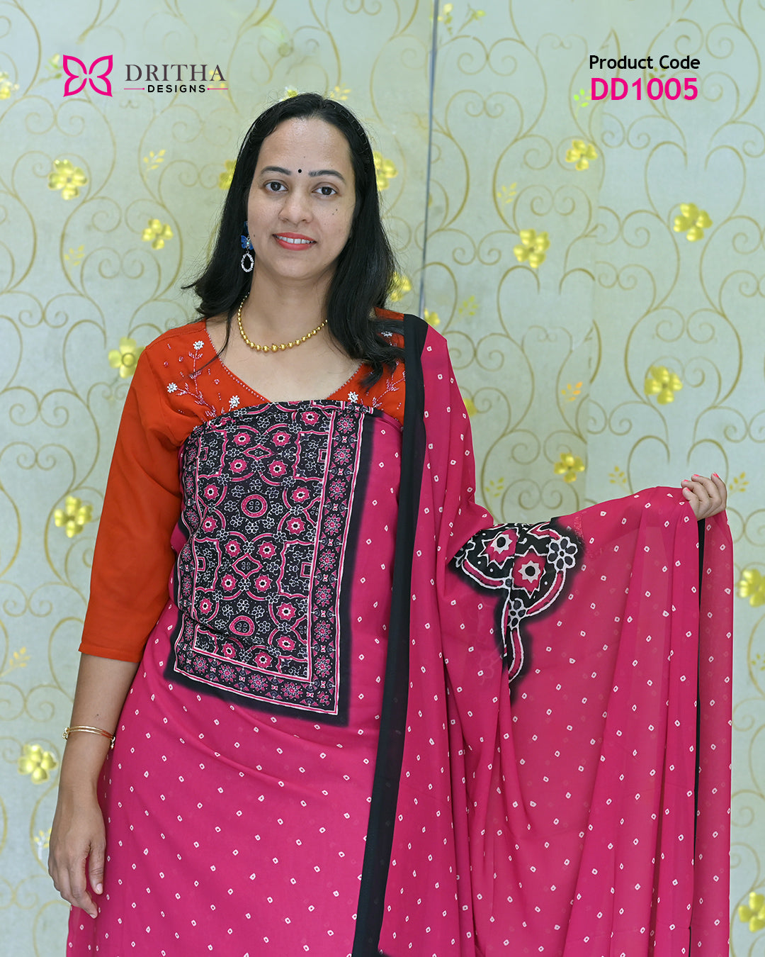 Pink Chiffon Printed Unstitched Salwar Suit Material – Close-Up | DD1005 | Dritha Designs