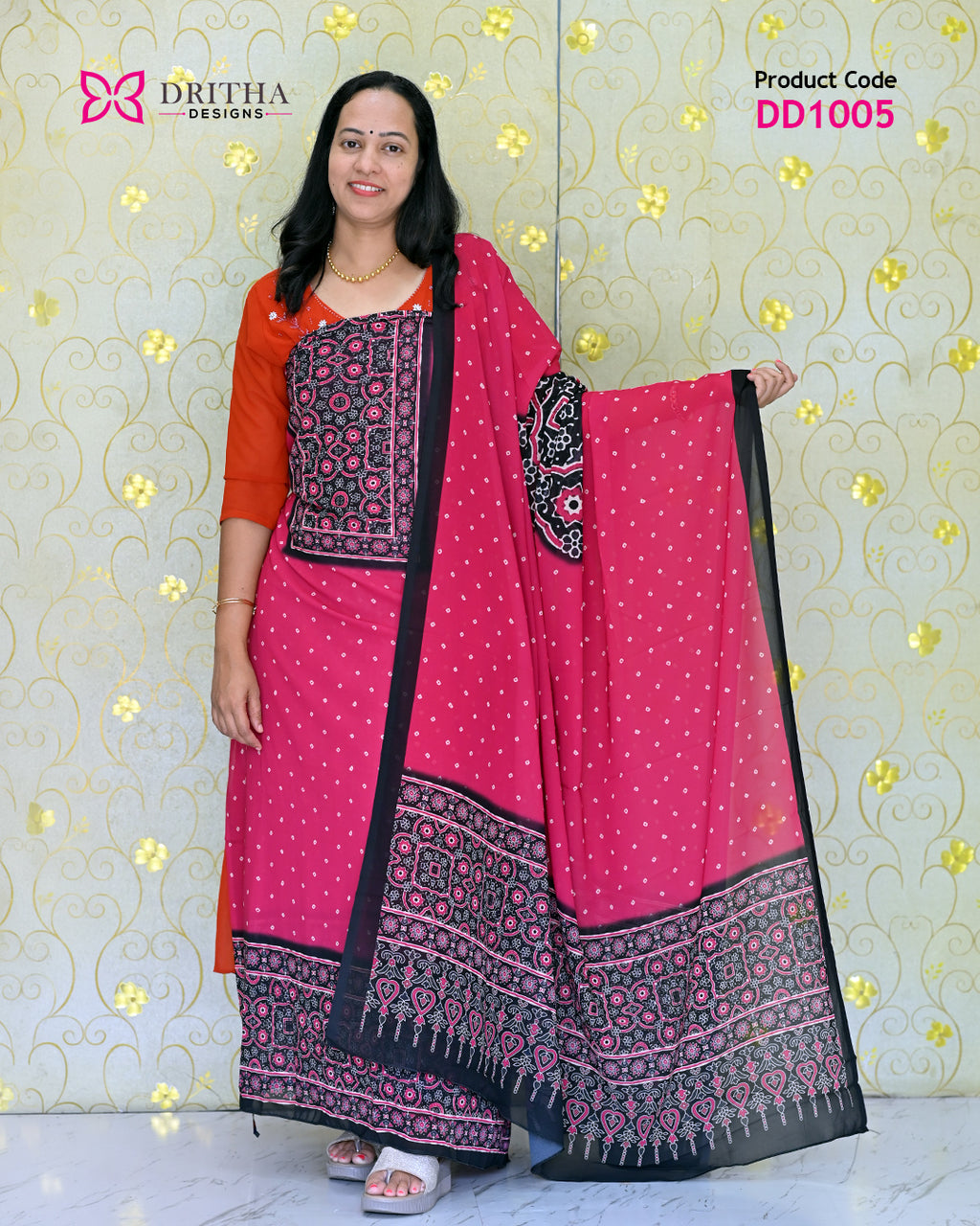 Pink Chiffon Printed Unstitched Salwar Suit Material – Full View | DD1005 | Dritha Designs