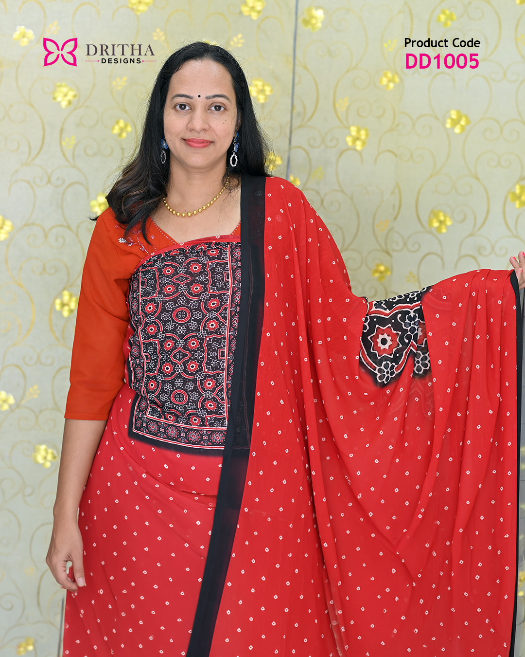 Red Chiffon Printed Unstitched Salwar Suit Material – Close-Up | DD1005 | Dritha Designs