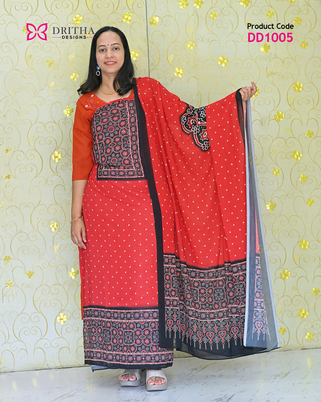 Red Chiffon Printed Unstitched Salwar Suit Material – Full View | DD1005 | Dritha Designs