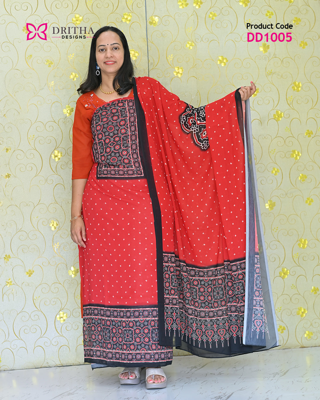 Red Chiffon Printed Unstitched Salwar Suit Material – Full View | DD1005 | Dritha Designs
