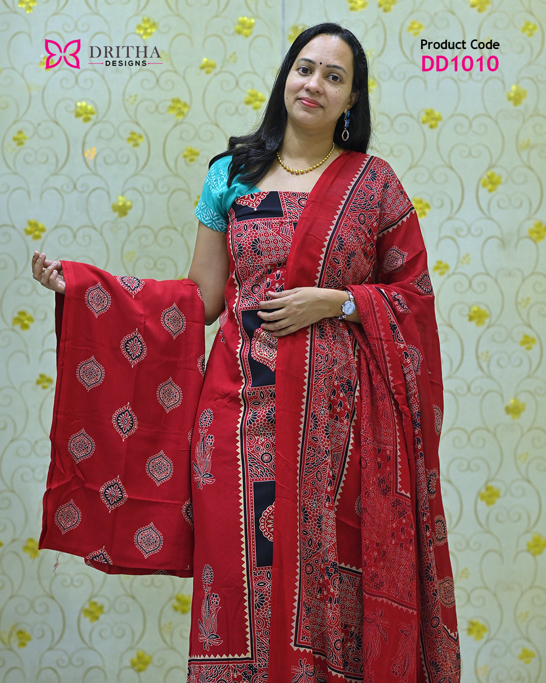 Red Rayon Unstitched Salwar Suit Material - DD1010 Full Shot 2 | Dritha Designs