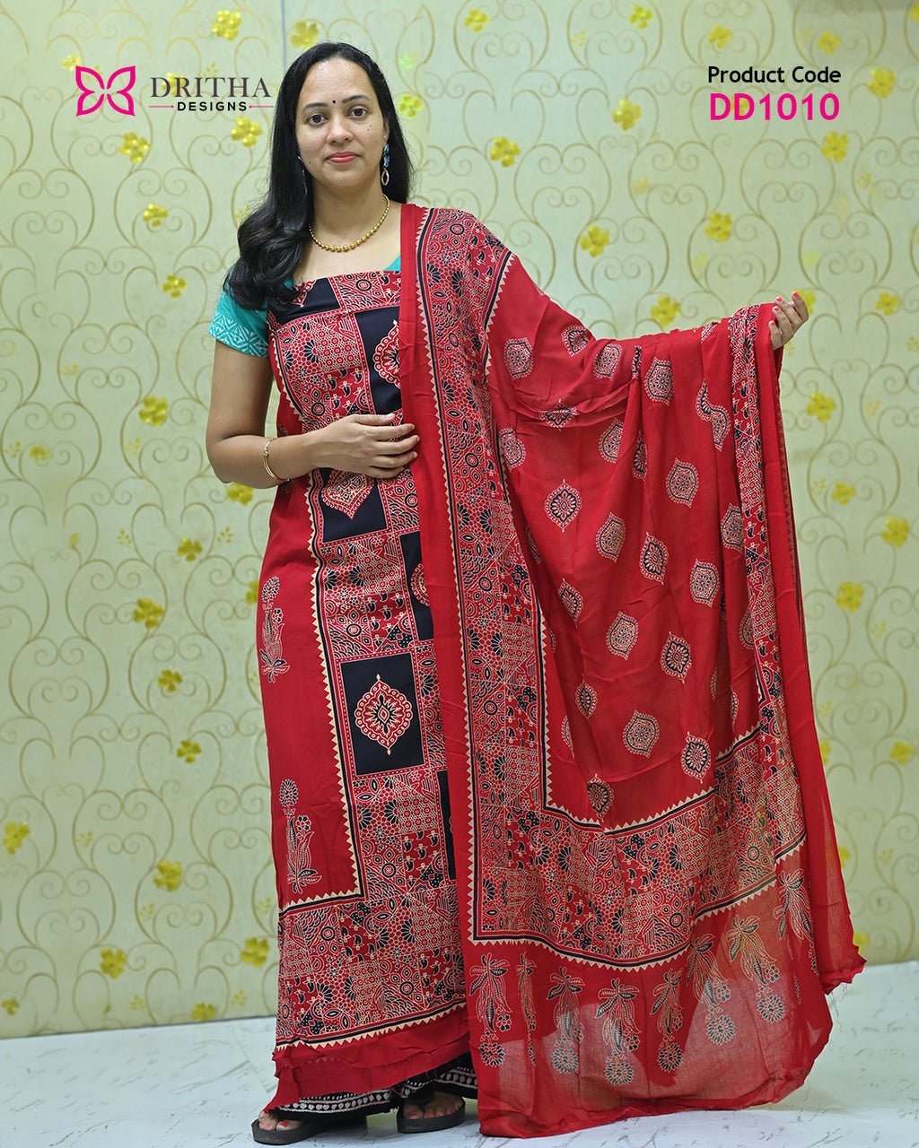Red Rayon Unstitched Salwar Suit Material - DD1010 Full Shot | Dritha Designs
