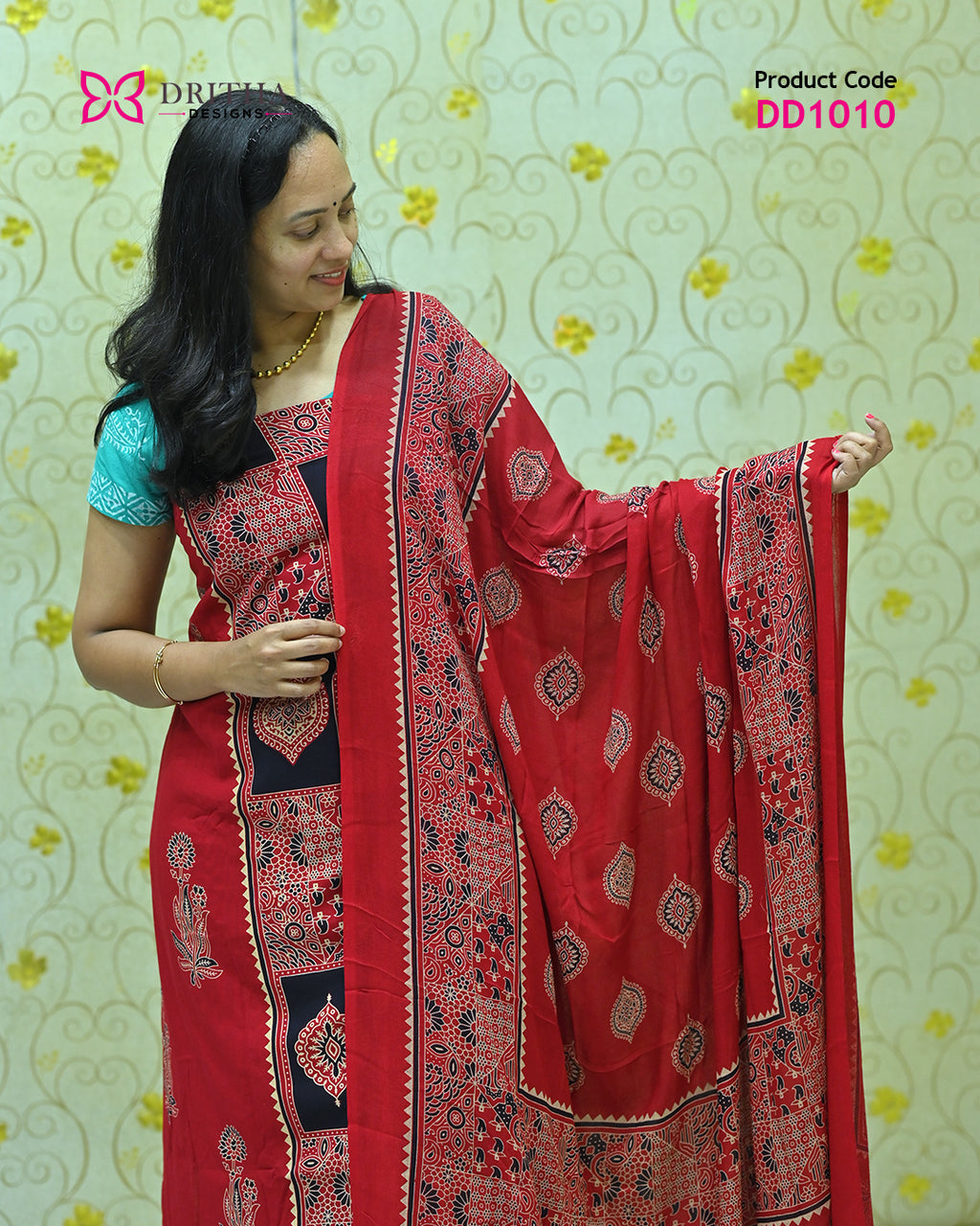 Red Rayon Unstitched Salwar Suit Material - DD1010 Mid Shot | Dritha Designs