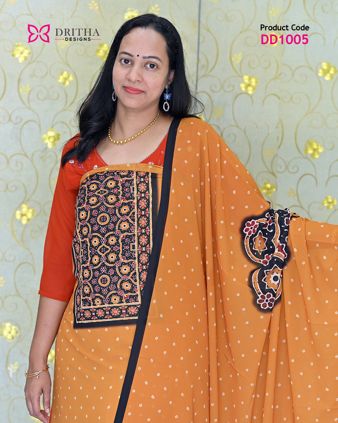 Yellow Chiffon Printed Unstitched Salwar Suit Material – Close-Up | DD1005 | Dritha Designs