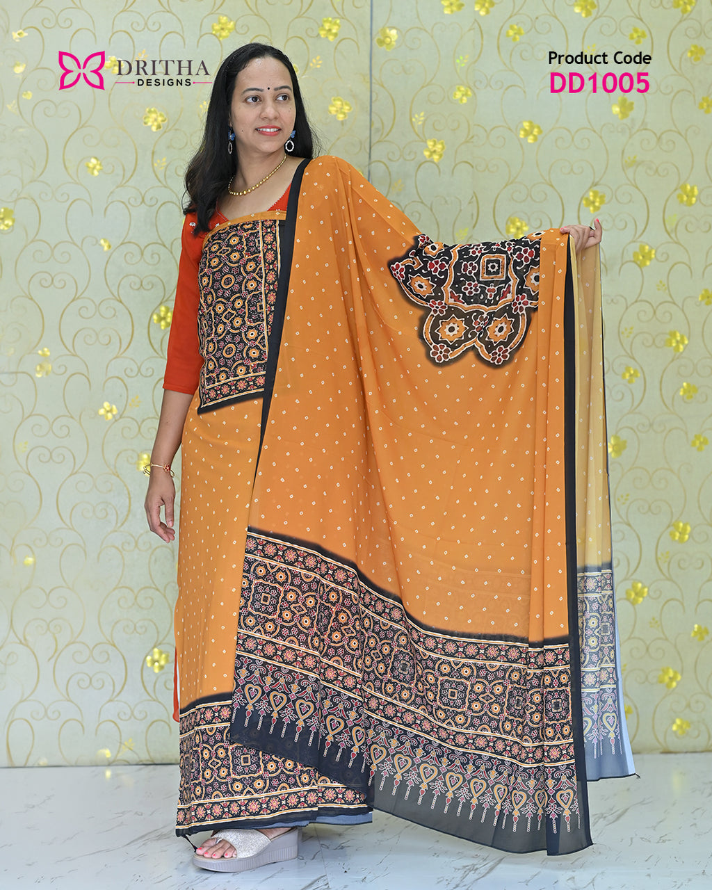 Yellow Chiffon Printed Unstitched Salwar Suit Material – Front View | DD1005 | Dritha Designs