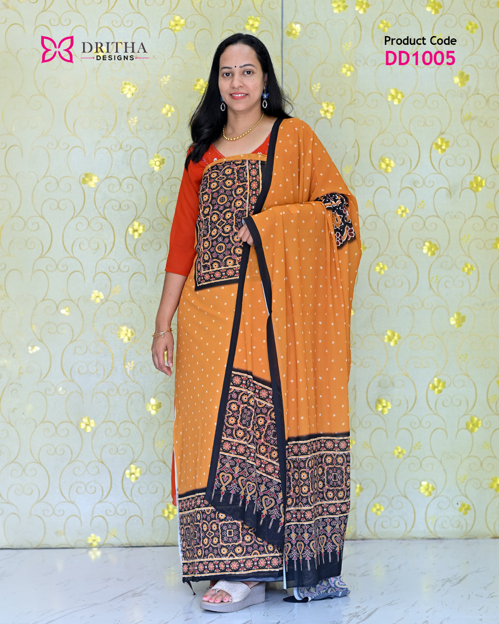 Yellow Chiffon Printed Unstitched Salwar Suit Material – Full View | DD1005 | Dritha Designs