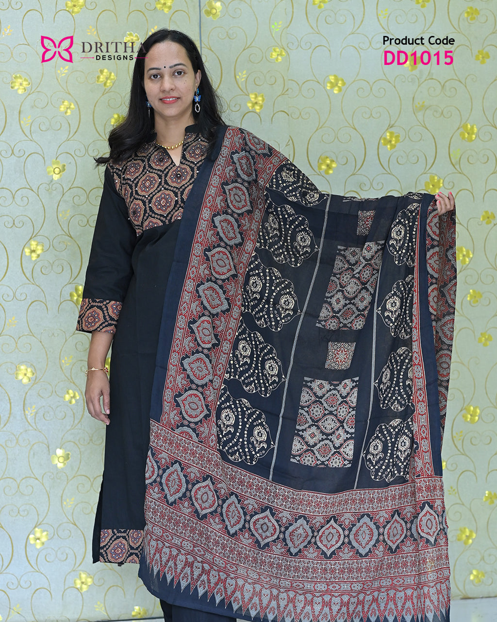 Black Cotton Salwar Set – Front View | DD1015 | Dritha Designs