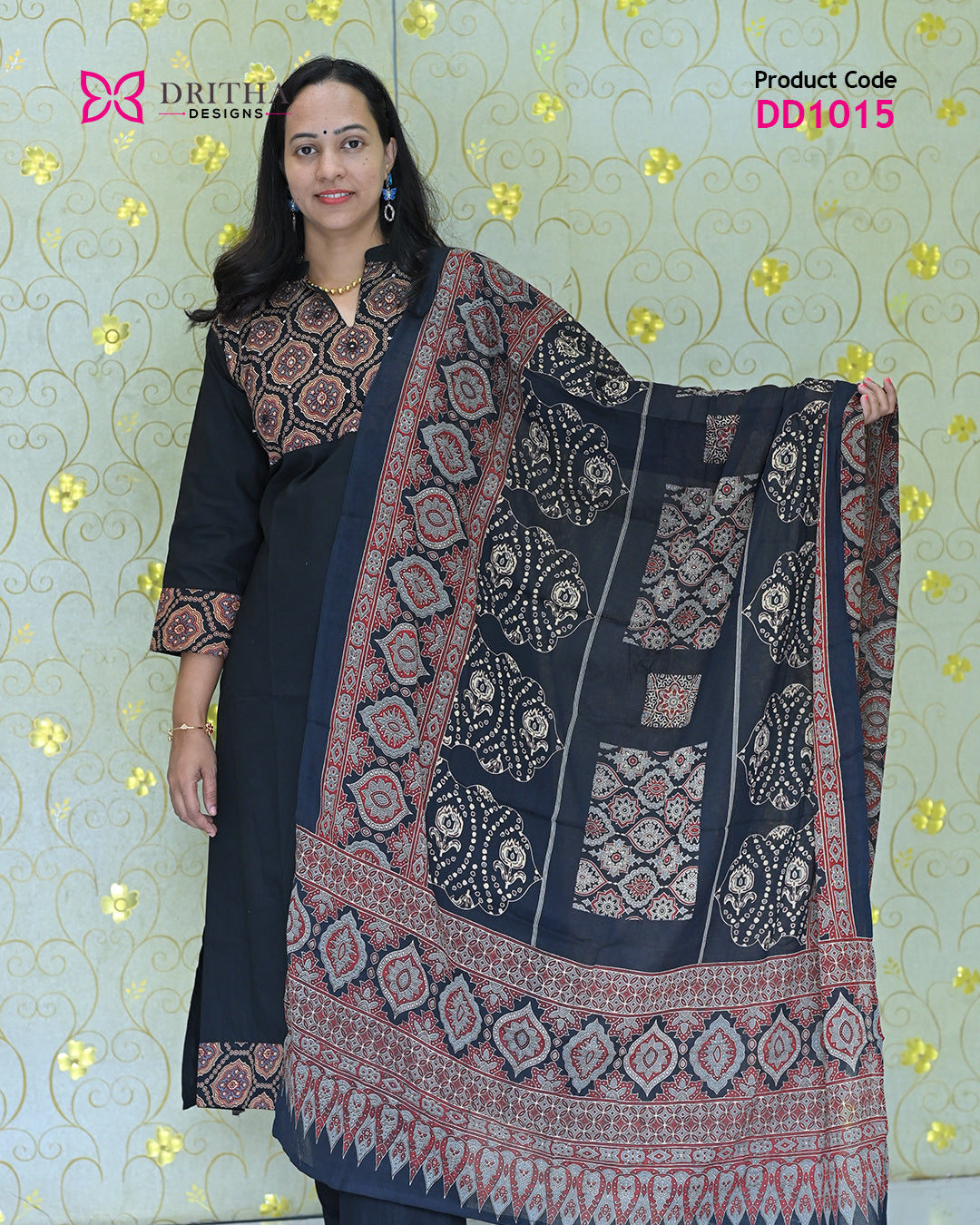 Black Cotton Salwar Set – Front View | DD1015 | Dritha Designs