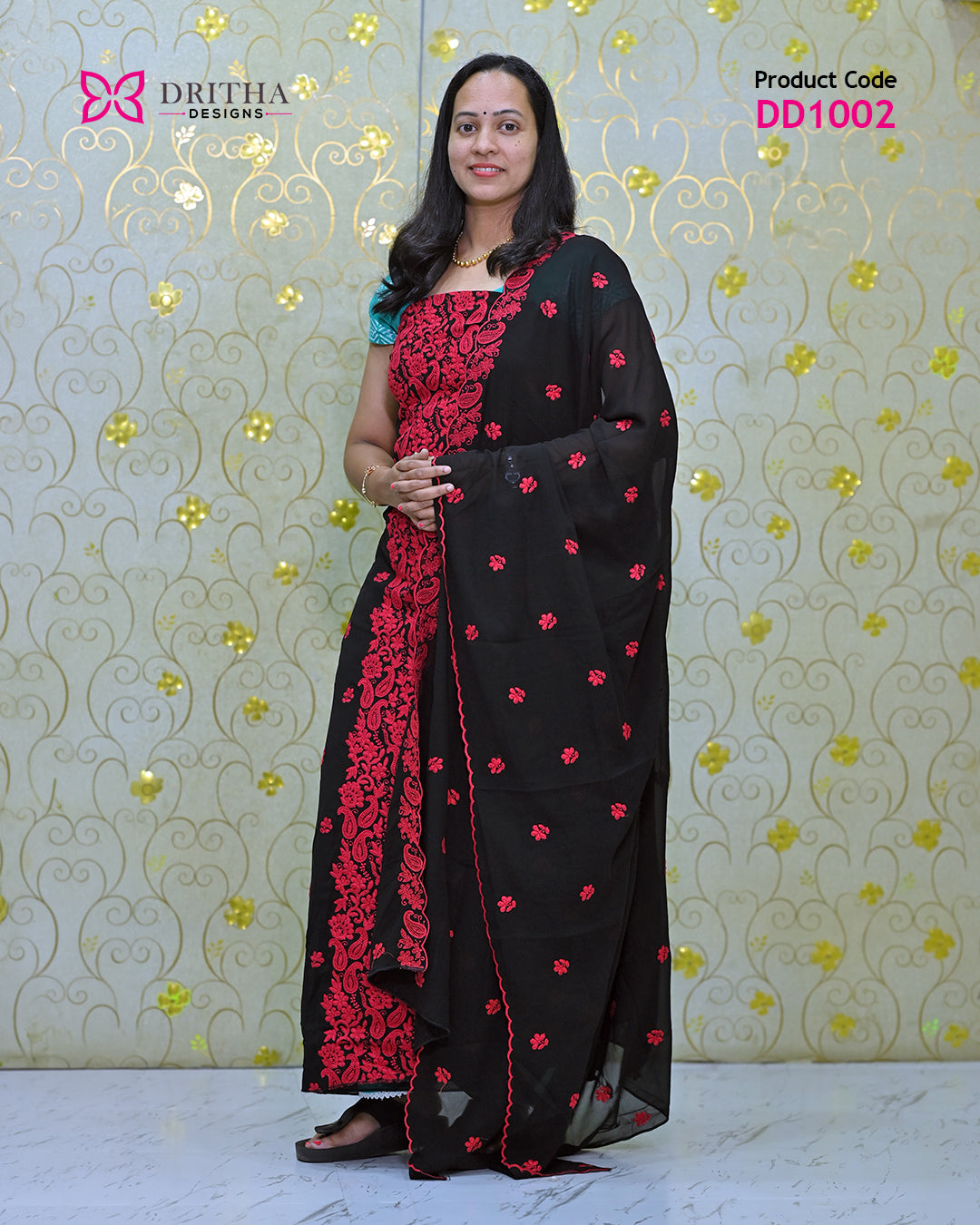 Women's Black Georgette Unstitched Salwar Suit Material with Red Embroidery - DD1002 Full Length View | Dritha Designs