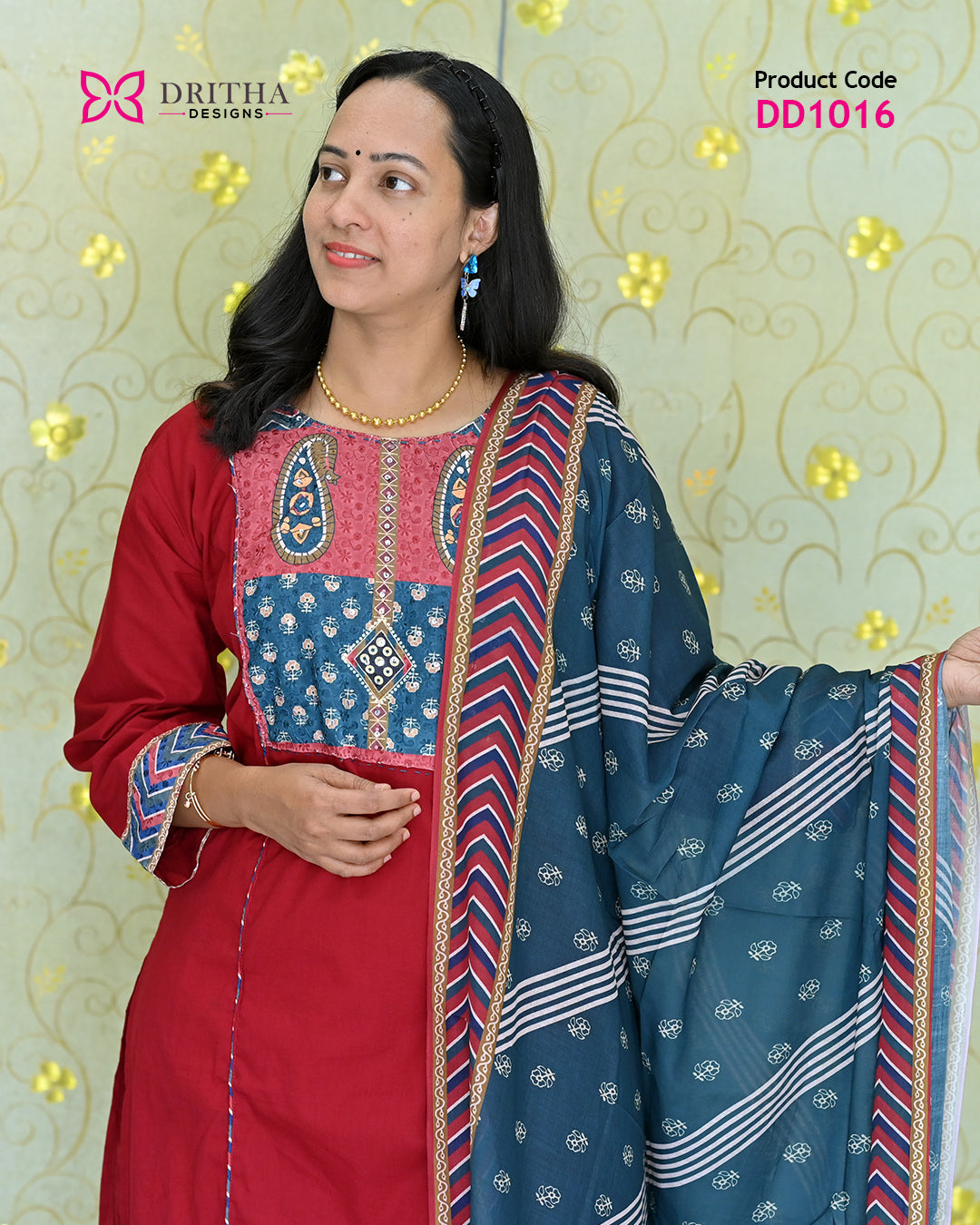 Maroon Cotton Salwar Suit Set – Close-Up | DD1016 | Dritha Designs