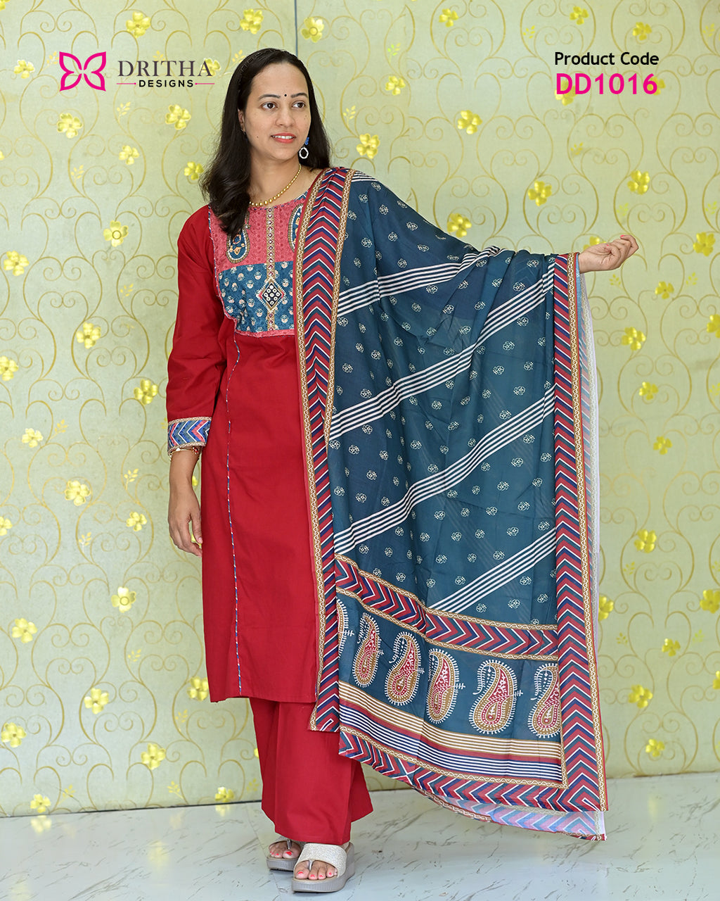 Maroon Cotton Salwar Suit Set – Front View | DD1016 | Dritha Designs