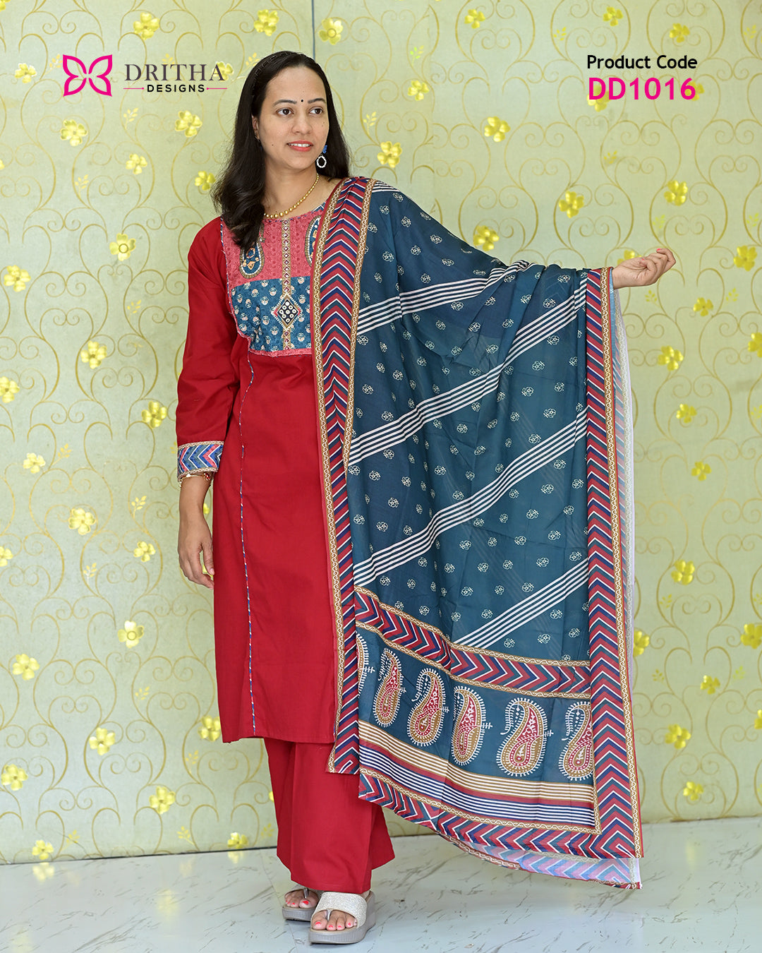 Maroon Cotton Salwar Suit Set – Front View | DD1016 | Dritha Designs
