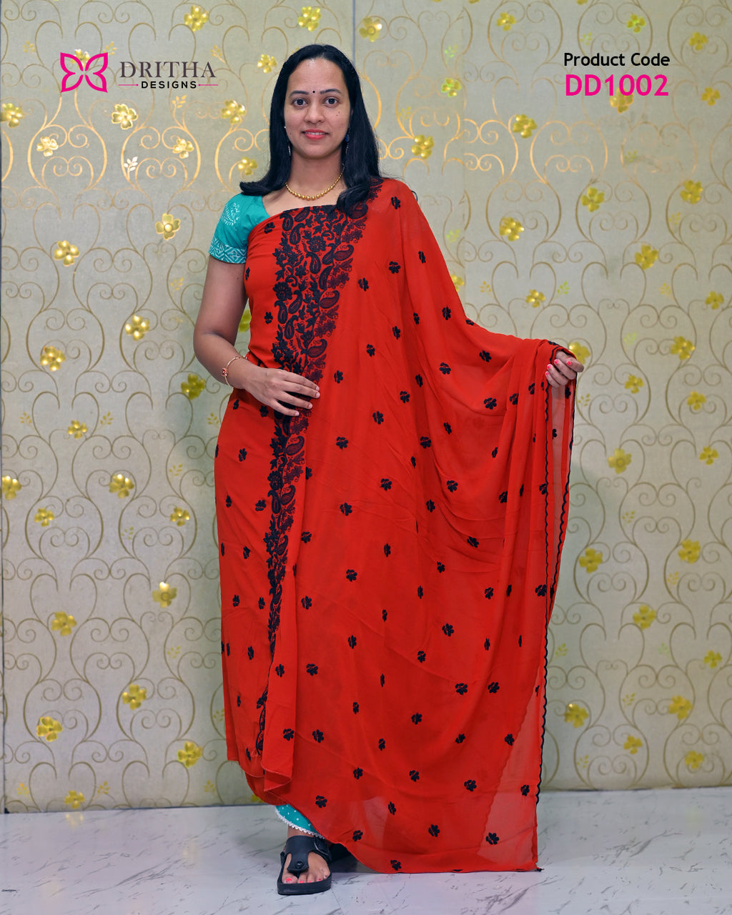 Women's Orange Georgette Unstitched Salwar Suit Material with Blue Embroidery - DD1002 | Dritha Designs