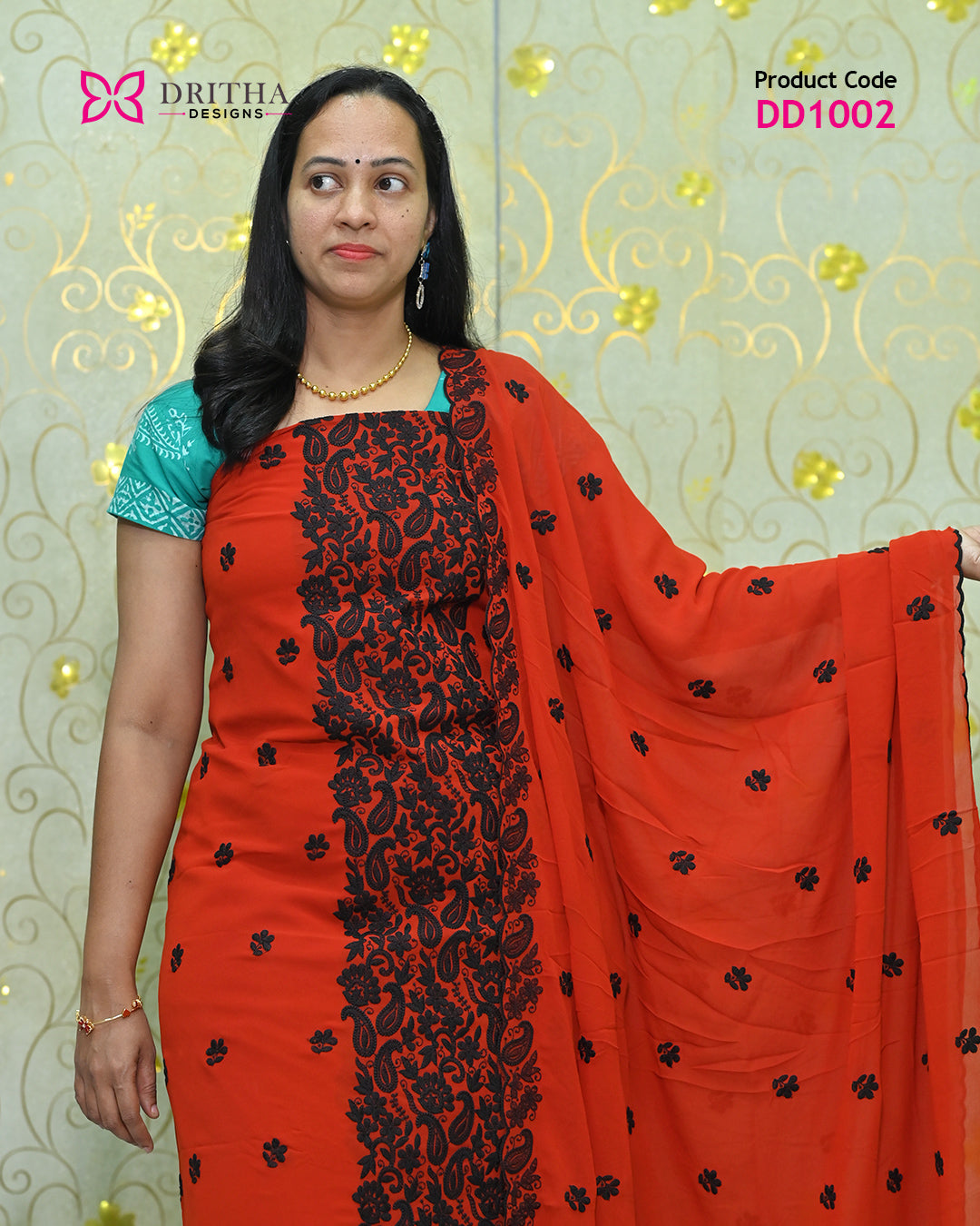 Women's Orange Georgette Unstitched Salwar Suit Material with Black Embroidery - DD1002 Dupatta View | Dritha Designs