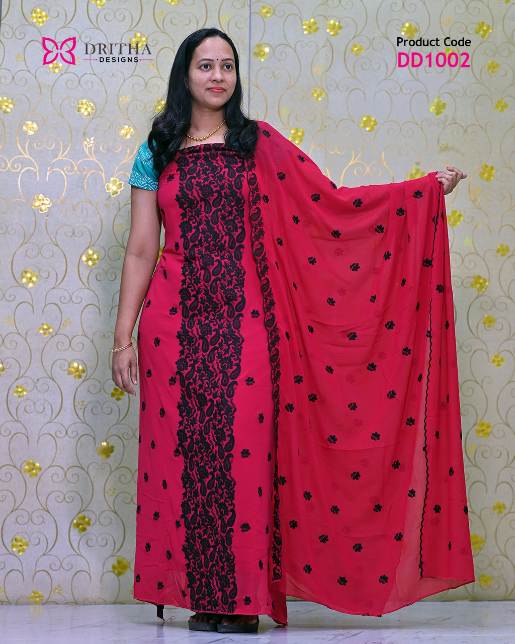 Women's Pink Georgette Unstitched Salwar Suit Material with Black Embroidery - DD1002 | Dritha Designs