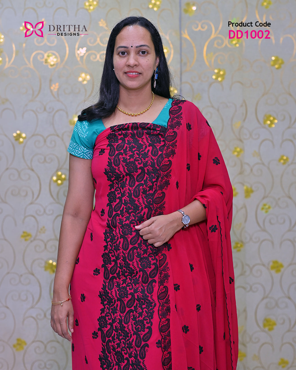 Women's Pink Georgette Unstitched Salwar Suit Material with Black Embroidery - DD1002 Model Front View | Dritha Designs