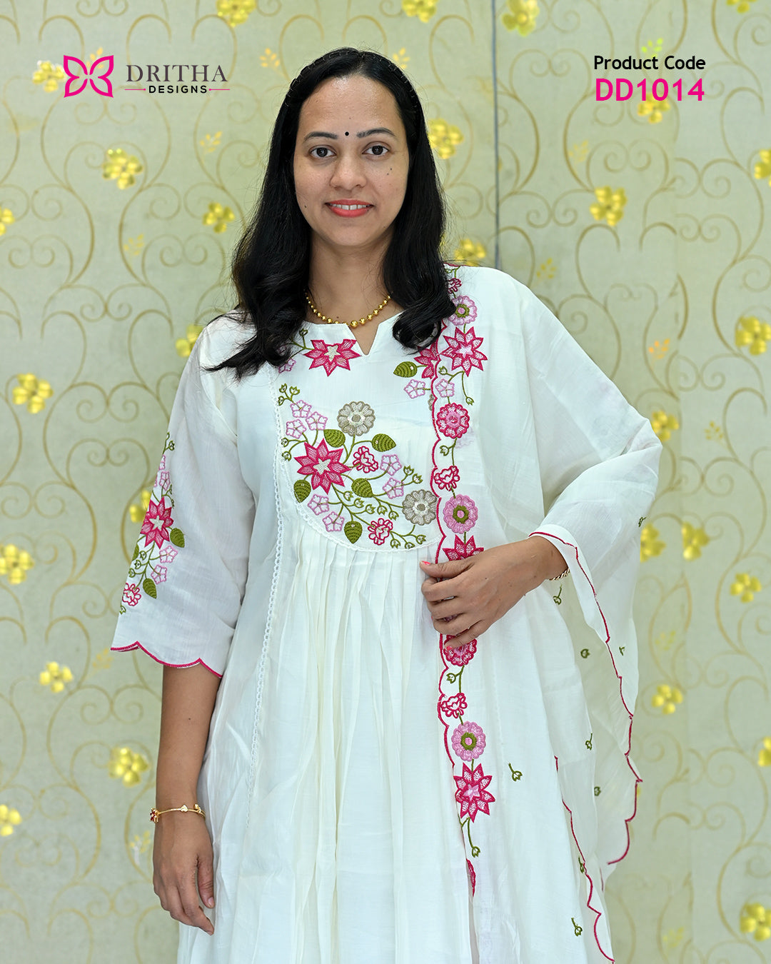 White Muslin Embroidered Salwar Set – Mid View | DD1014 | Dritha Designs