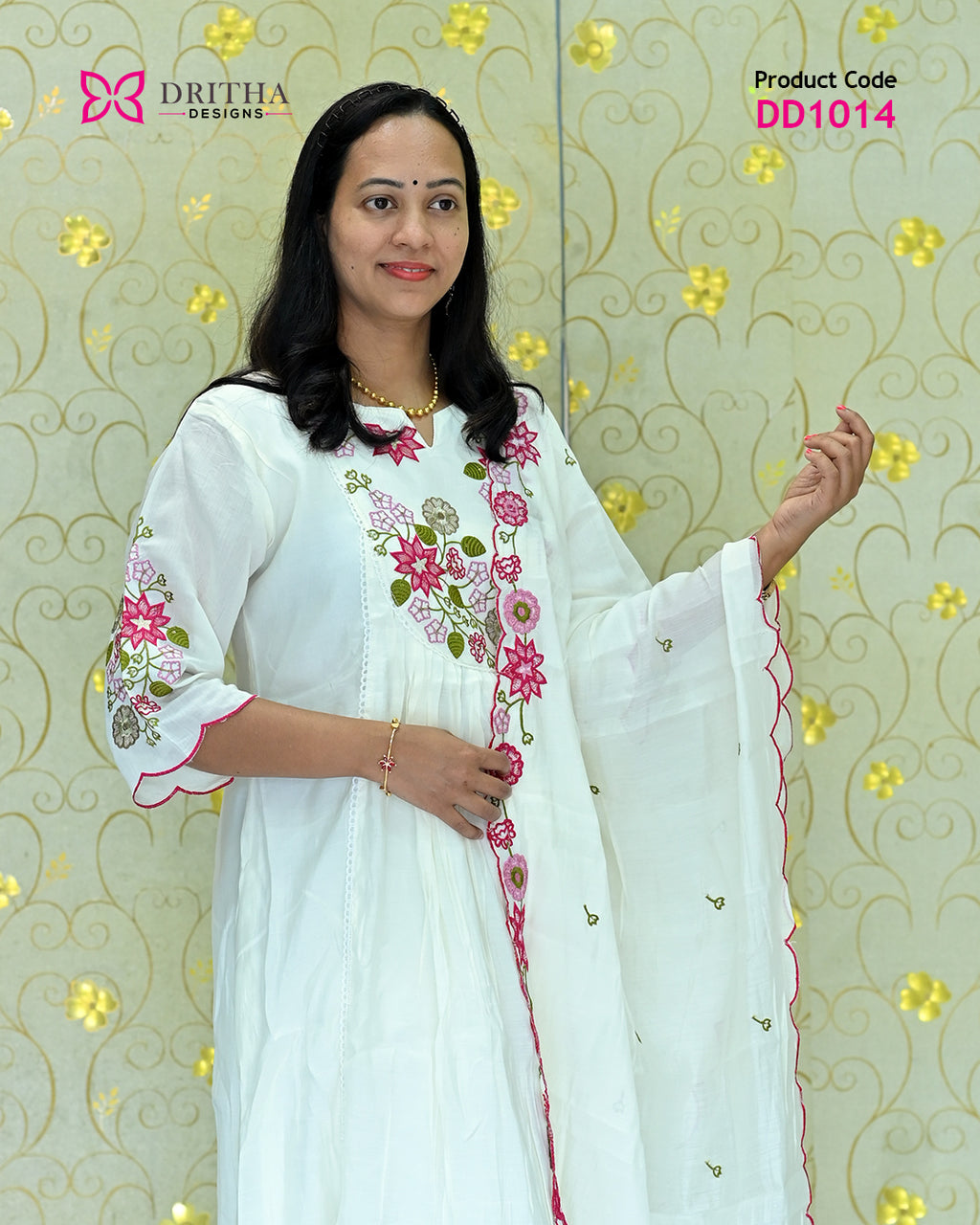 White Muslin Embroidered Salwar Set – Side View | DD1014 | Dritha Designs